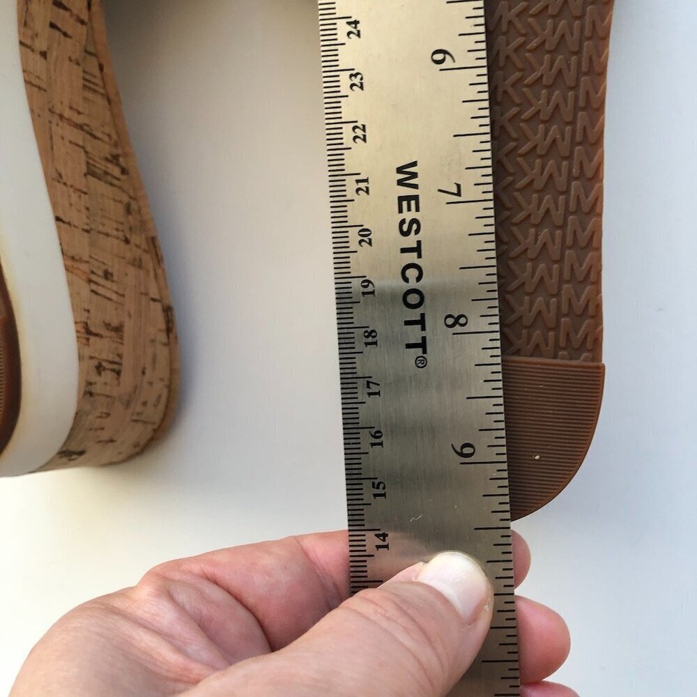 Michael Kors MK Warren Leather Platform Cork Slide Sandals Gold Logo Plate 10M - Picture 15 of 16